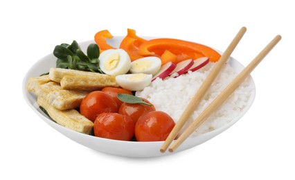 Delicious poke bowl with basil, vegetables, eggs and tofu isolated on white