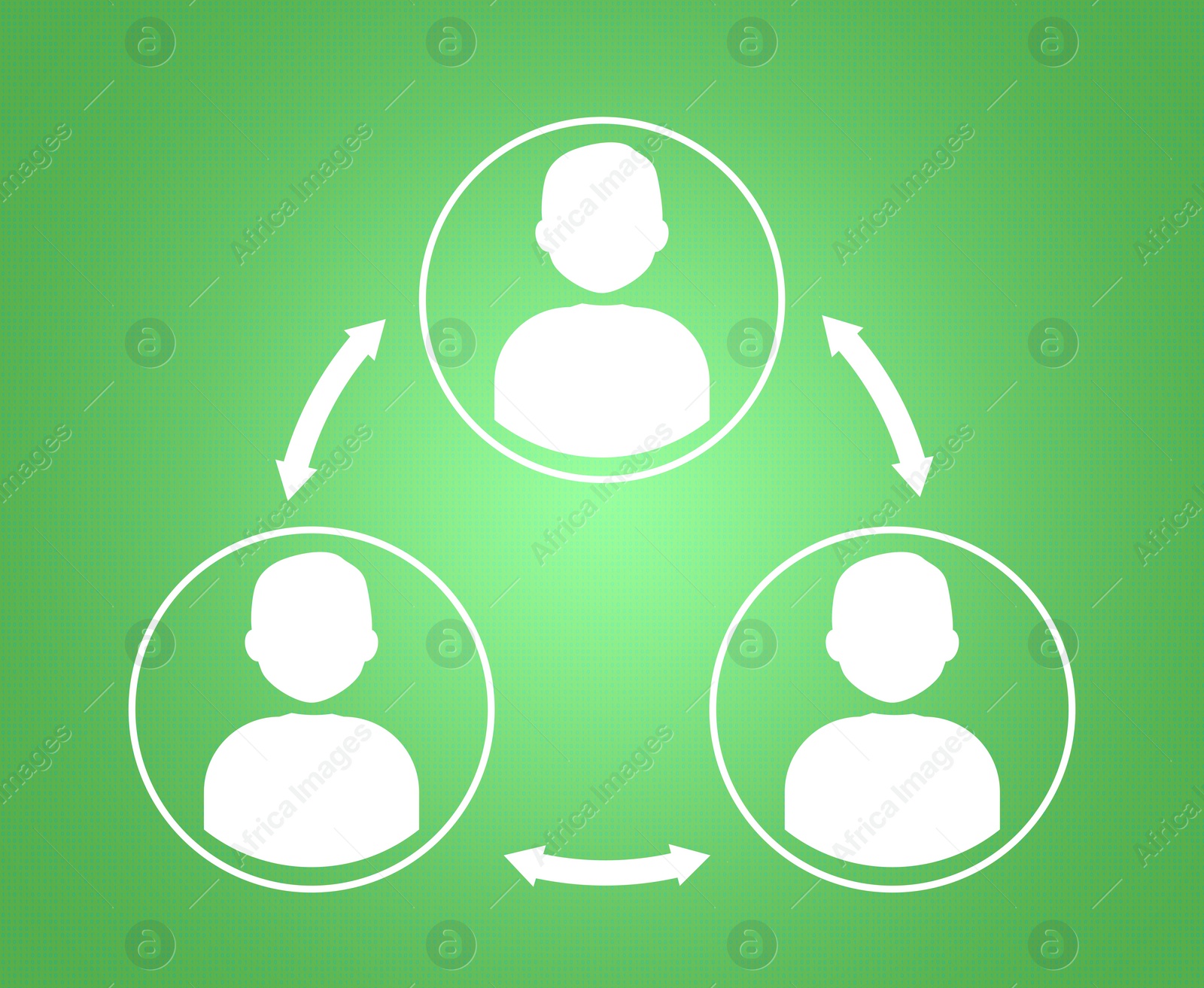 Illustration of Human icons connected with double arrows on green background, illustration. Multi-user system