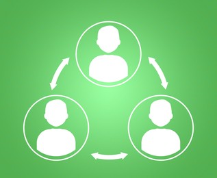 Illustration of Human icons connected with double arrows on green background, illustration. Multi-user system