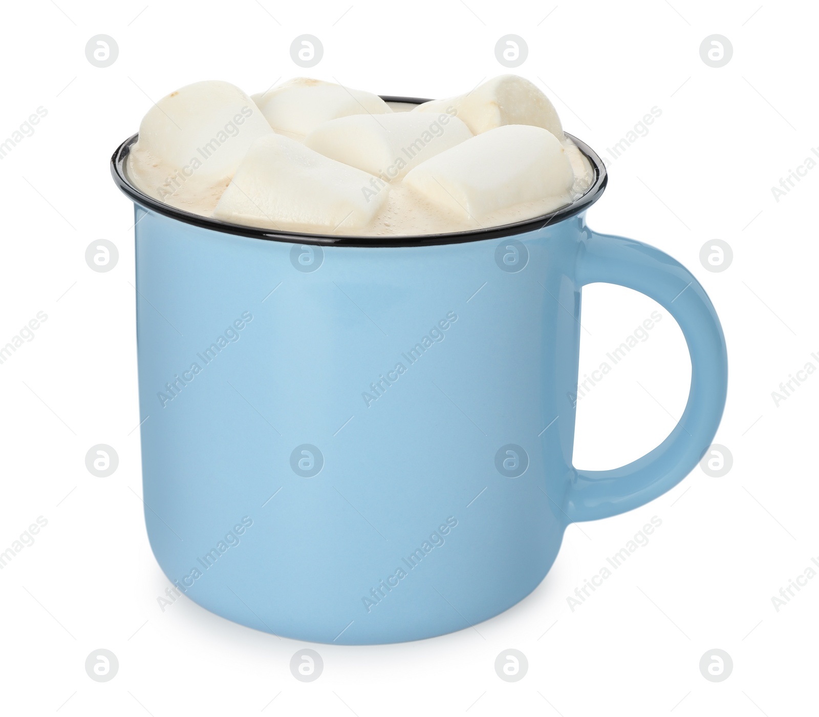 Photo of Delicious hot chocolate with marshmallows in mug isolated on white