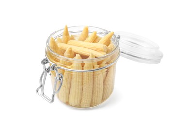 Photo of Jar of pickled baby corn isolated on white