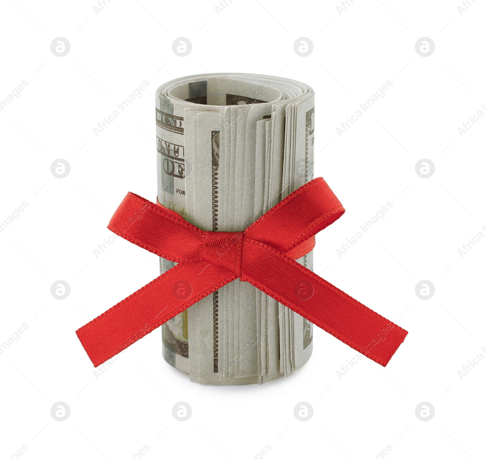 Photo of Roll of dollar banknotes with red ribbon on white background