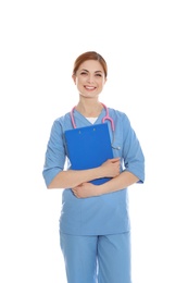 Photo of Portrait of medical doctor with clipboard and stethoscope isolated on white