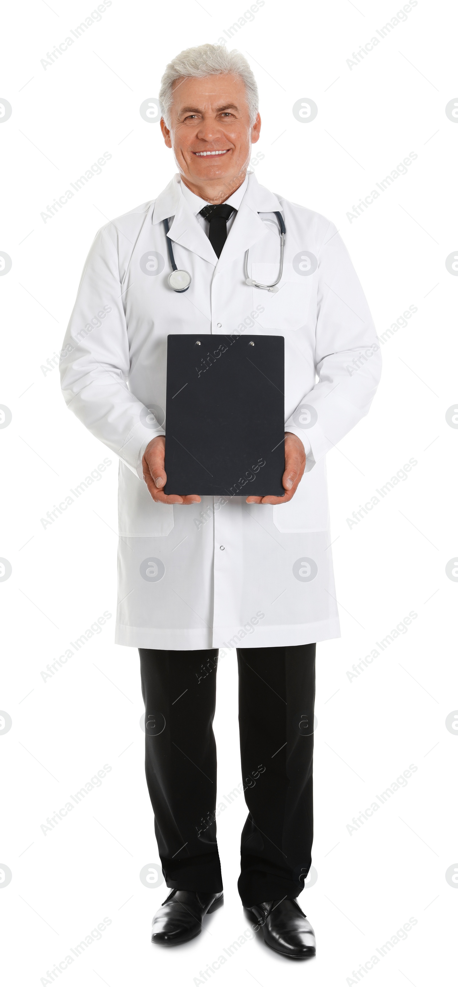 Photo of Full length portrait of male doctor with clipboard isolated on white. Medical staff