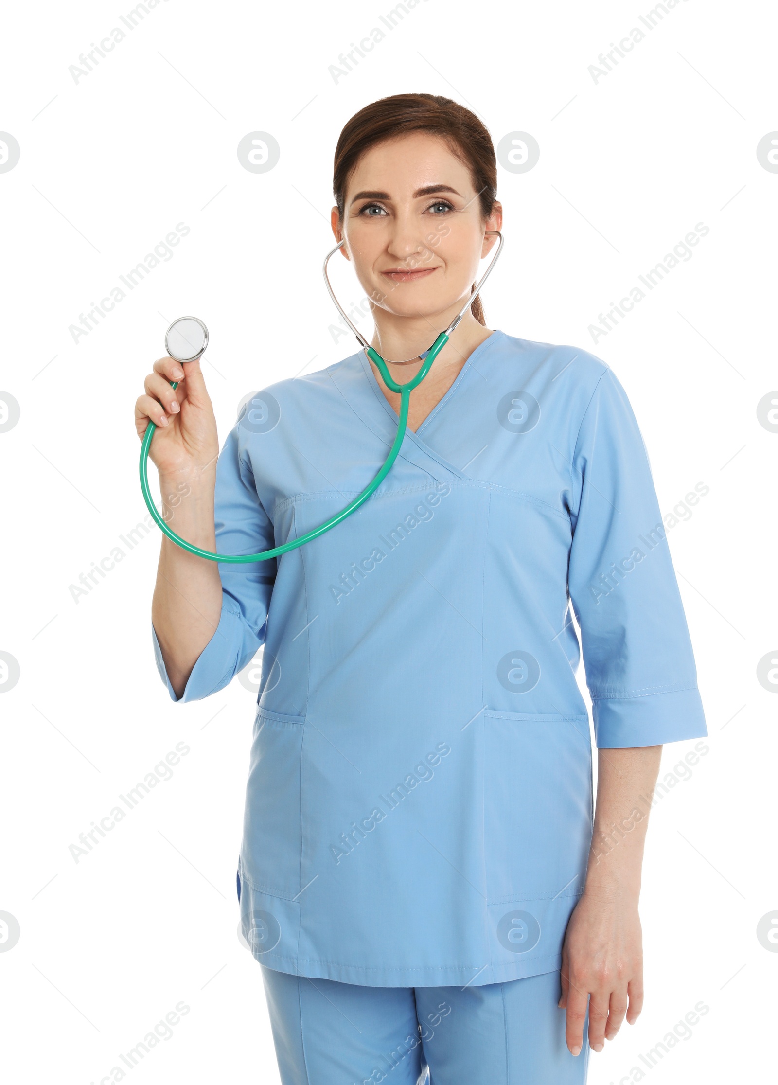 Photo of Portrait of female doctor in scrubs with stethoscope isolated on white. Medical staff