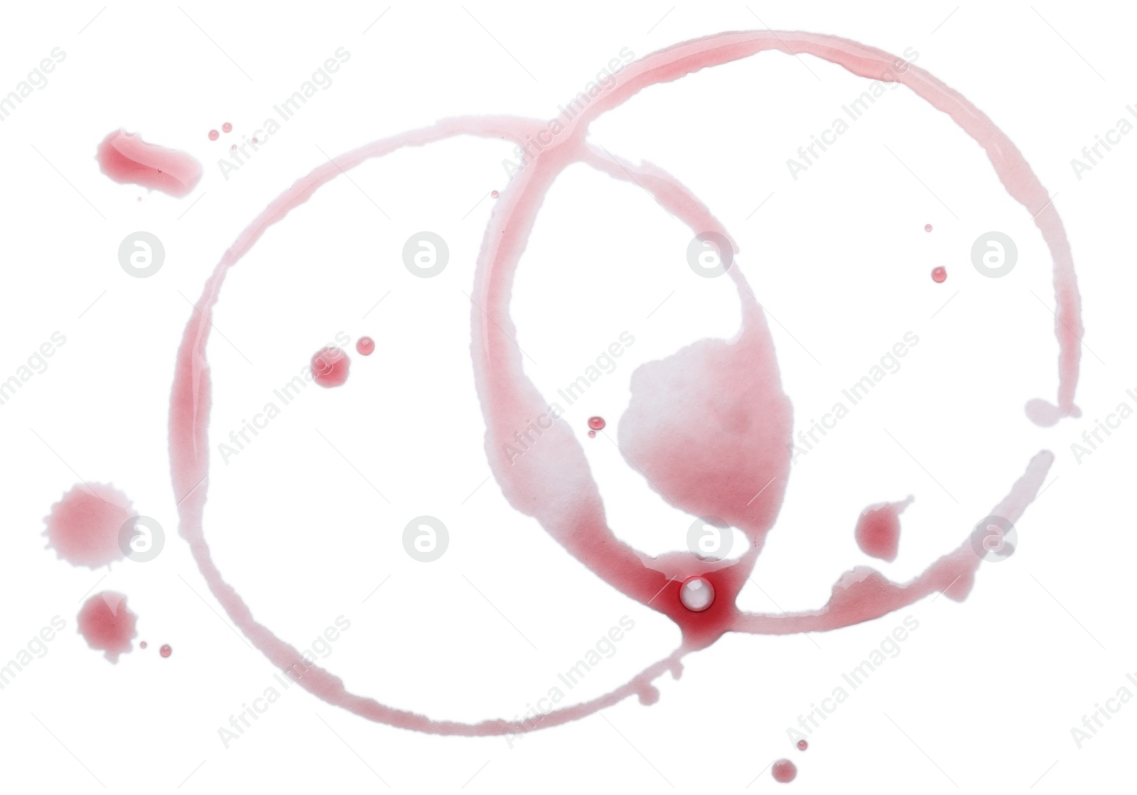 Photo of Red wine rings and drops on white background, top view