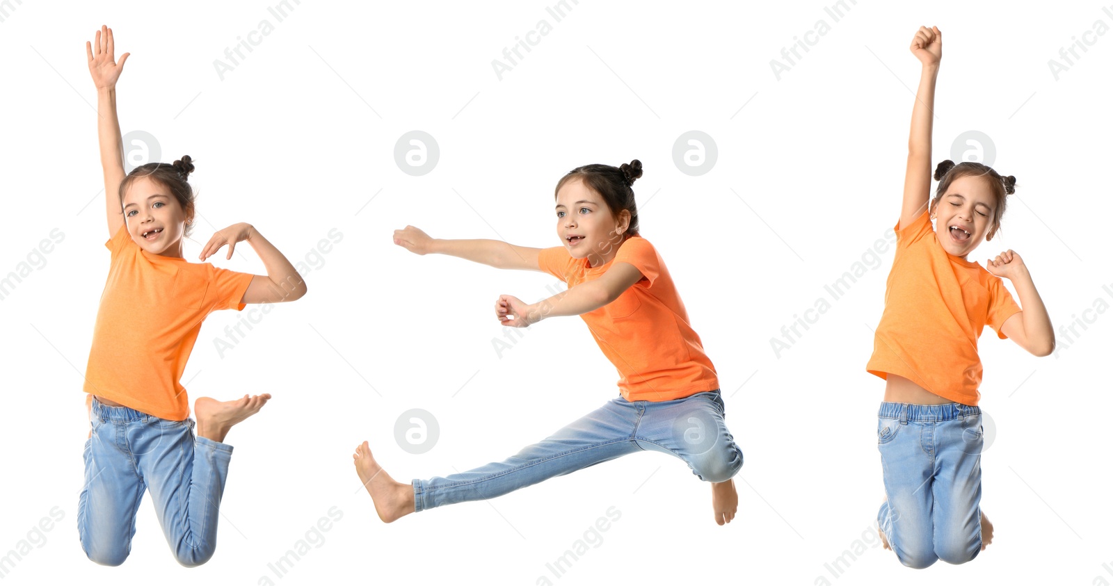 Image of Cute little girl jumping on white background, collage. Banner design