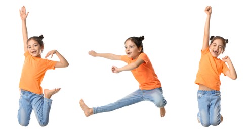 Cute little girl jumping on white background, collage. Banner design