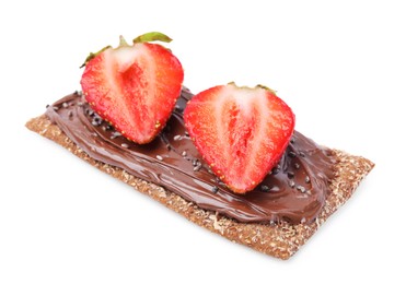 Photo of Fresh crunchy rye crispbread with chocolate spread, strawberry and chia seeds isolated on white