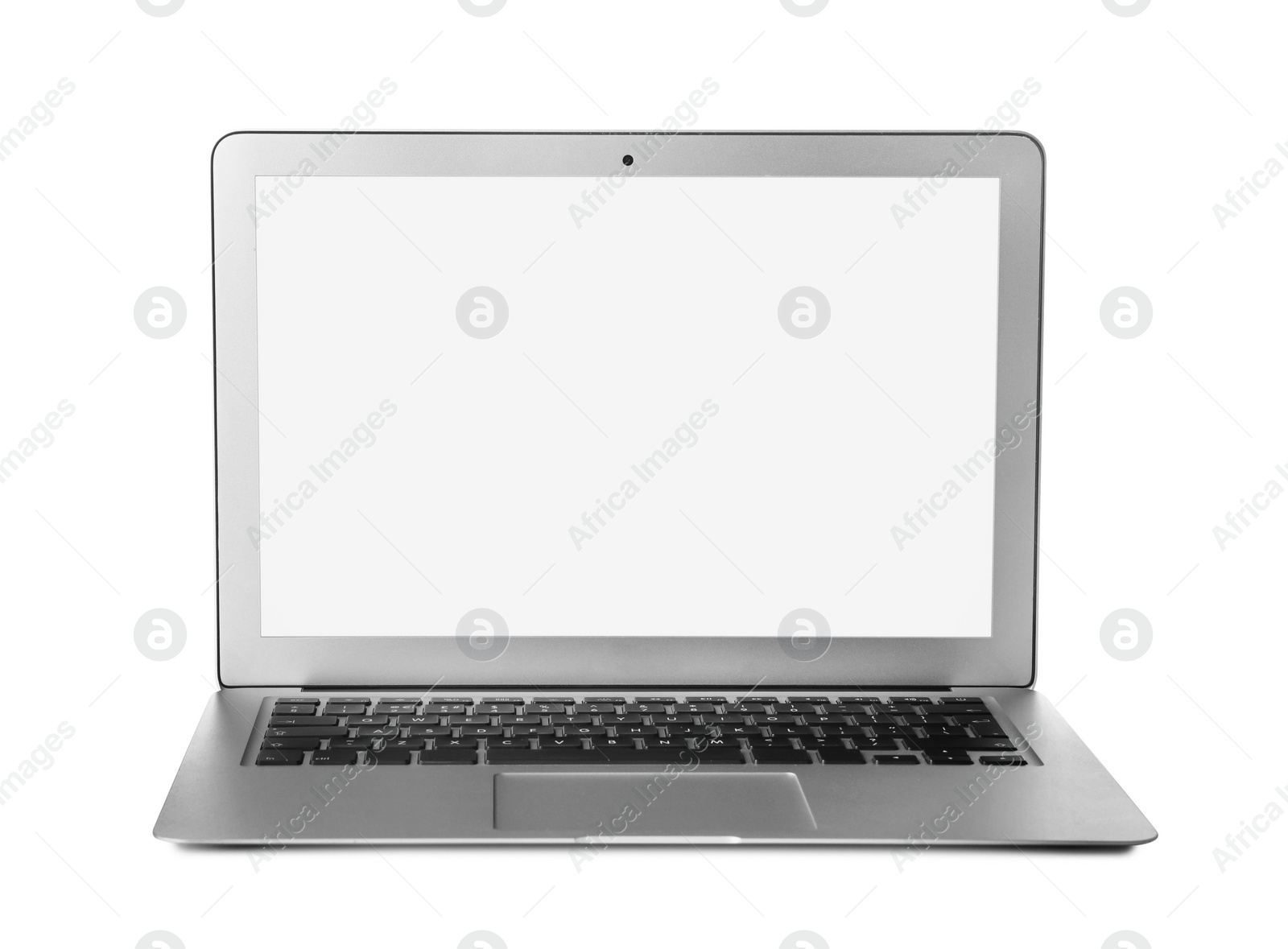 Photo of Modern laptop with blank screen isolated on white