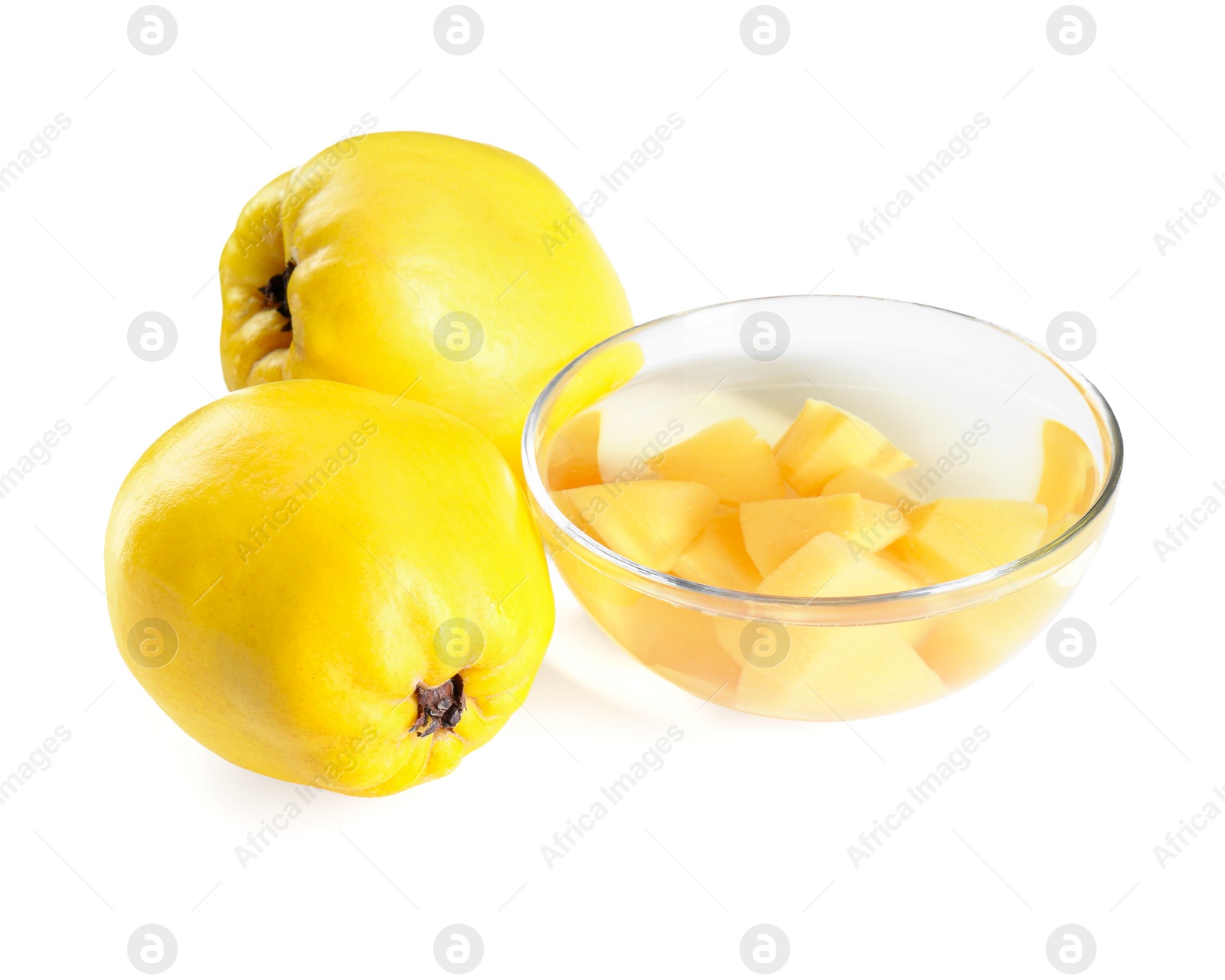 Photo of Delicious quince drink in glass bowl and fresh fruits isolated on white