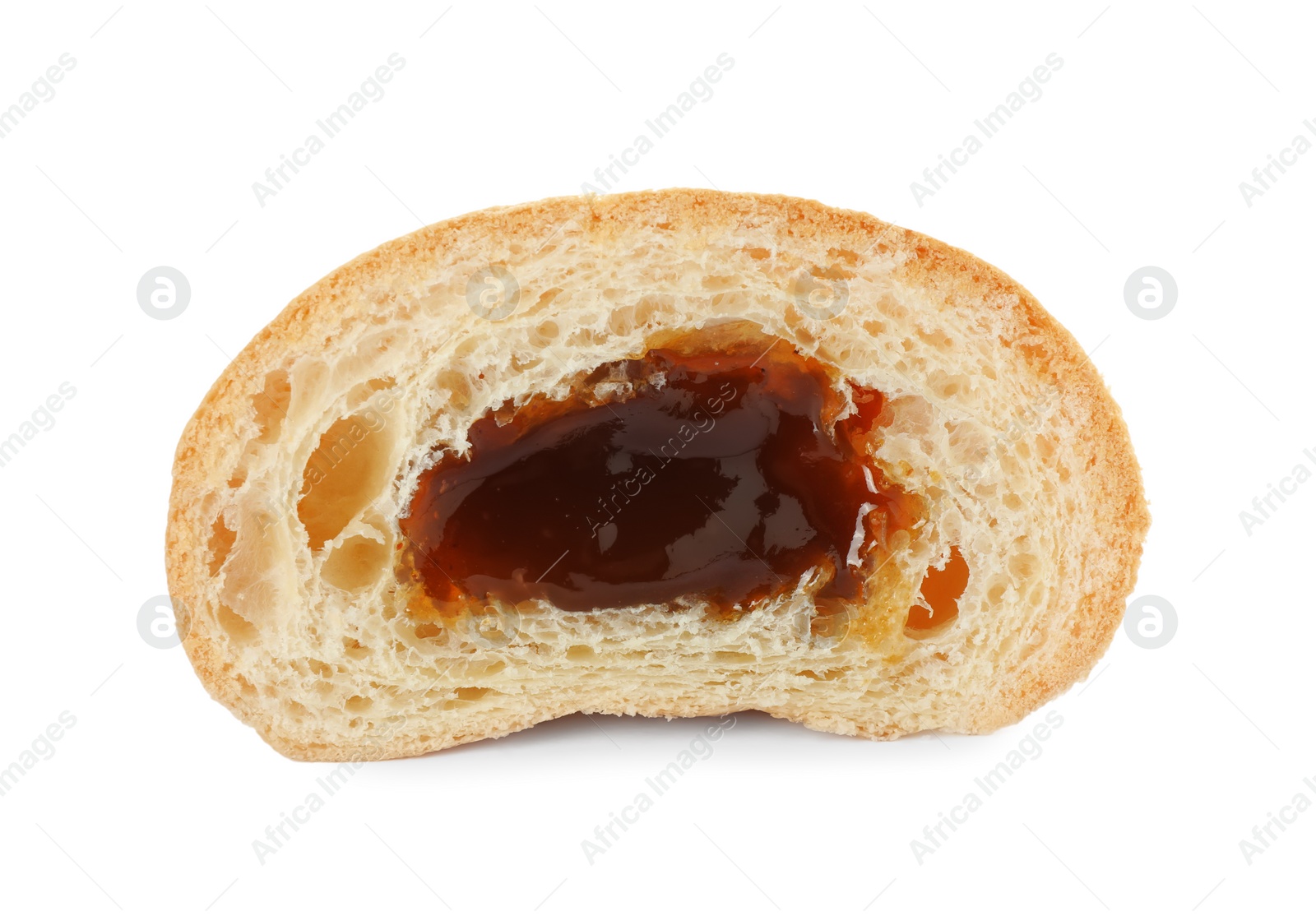 Photo of Delicious cut croissant with jam isolated on white