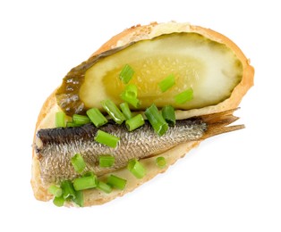 Photo of Delicious sandwich with sprat, pickled cucumber and green onion isolated on white, top view