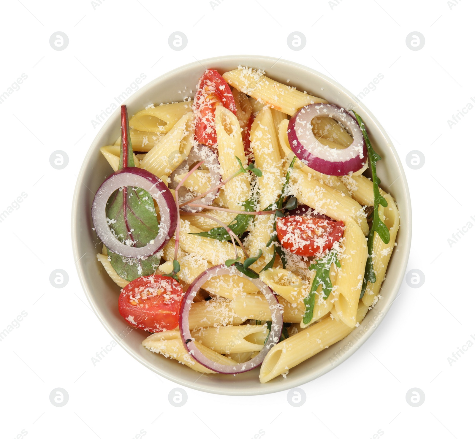 Photo of Bowl of delicious pasta with tomatoes, onion and cheese on white background, top view