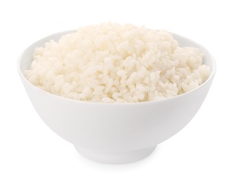 Photo of Bowl with delicious rice isolated on white