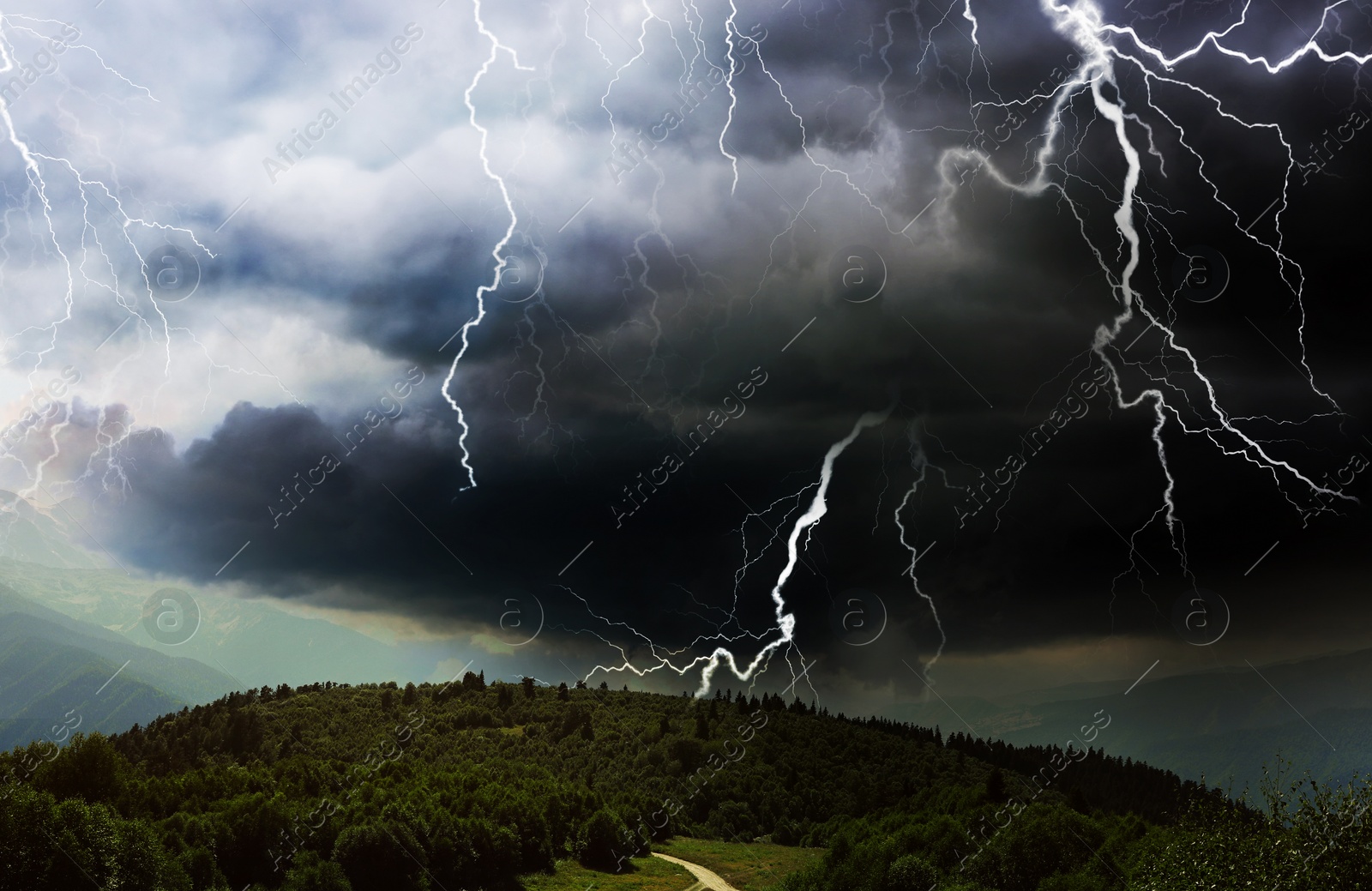 Image of Thunder cloud with lightnings over mountains. Severe weather