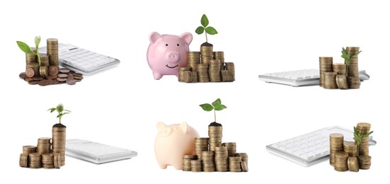 Image of Set with stacks of coins, calculators, growing plants and piggy bank on white background, banner design. Successful investment