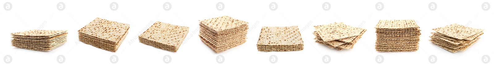 Image of Set with Passover matzos on white background, banner design. Pesach celebration