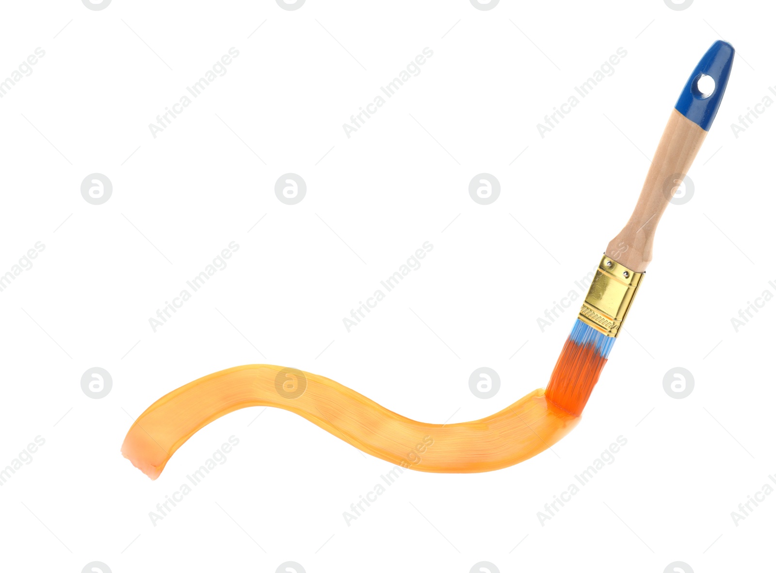 Photo of Brush with orange paint on white background