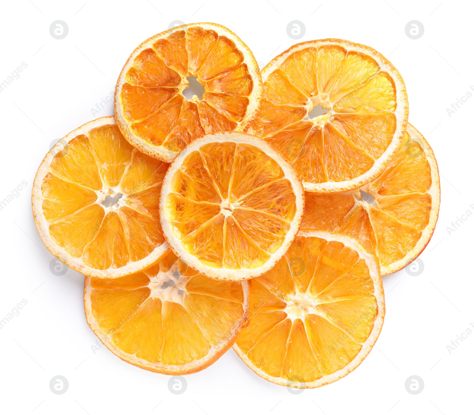 Delicious dry orange slices on white background, top view Photo of Delicious dry orange slices on white background, top view