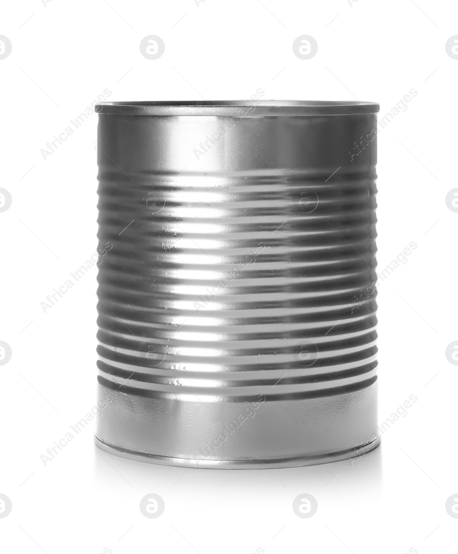 Photo of Mockup of tin can with food on white background