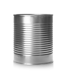 Mockup of tin can with food on white background