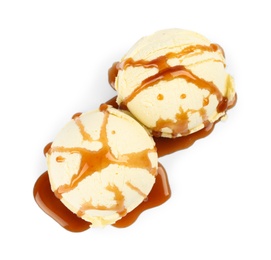 Photo of Delicious ice cream with caramel sauce on white background, top view