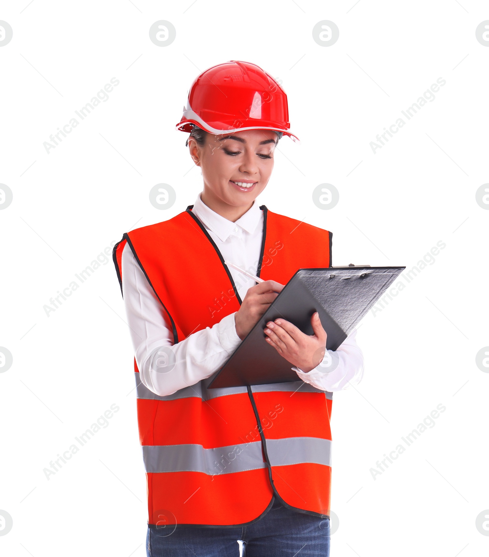 Photo of Female industrial engineer in uniform with clipboard on white background. Safety equipment