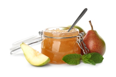 Photo of Delicious pear jam and fresh fruits on white background