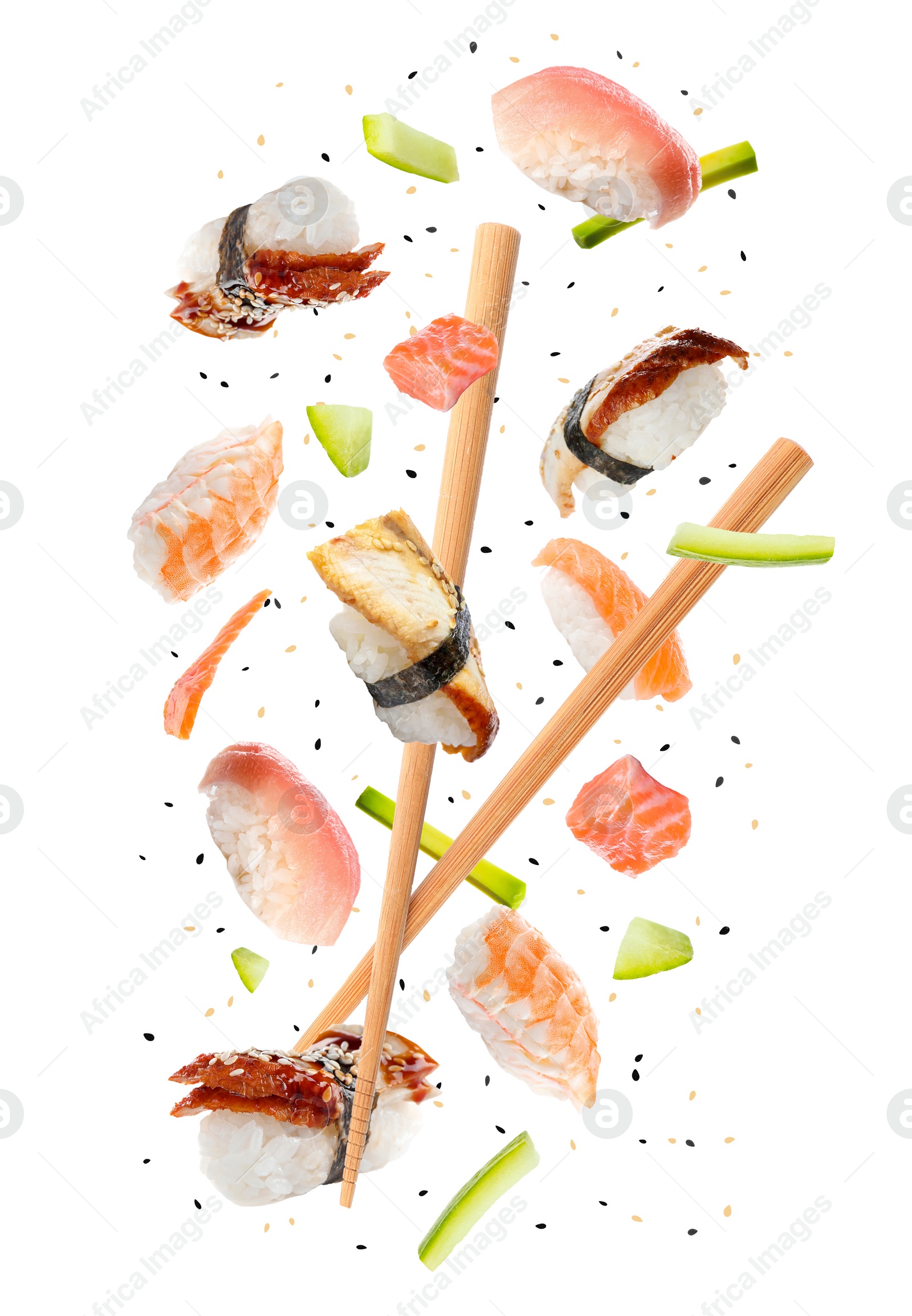 Image of Nigiri sushi and wooden chopsticks flying on white background