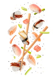 Image of Nigiri sushi and wooden chopsticks flying on white background