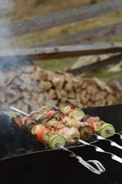 Photo of Cooking meat and vegetables on brazier outdoors