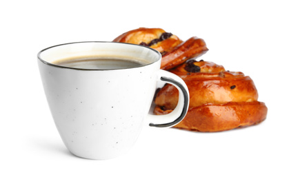 Delicious pastries and coffee on white background