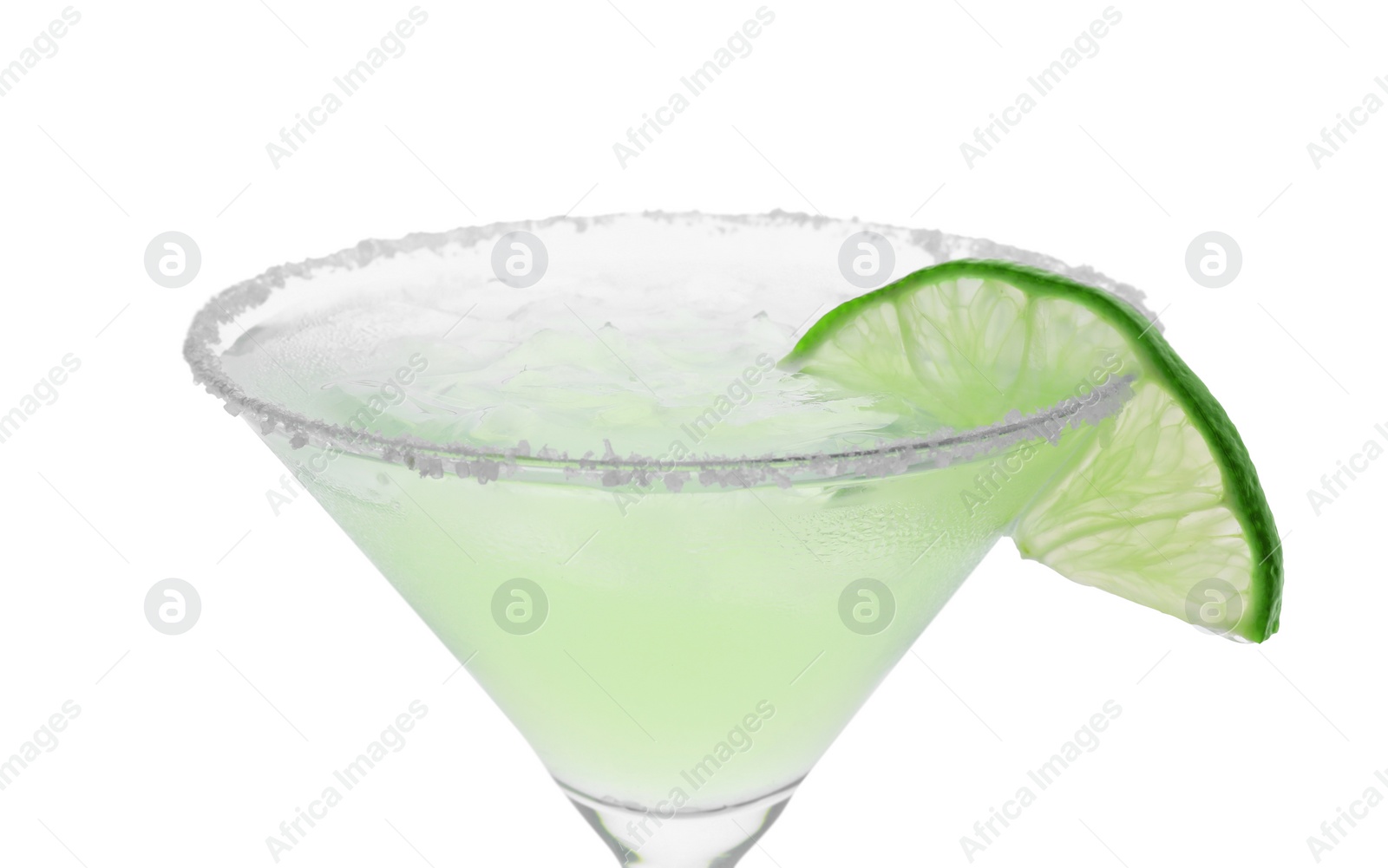 Photo of Delicious Margarita cocktail in glass, salt and lime isolated on white