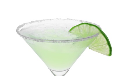 Photo of Delicious Margarita cocktail in glass, salt and lime isolated on white