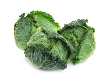 Photo of Fresh ripe savoy cabbages on white background