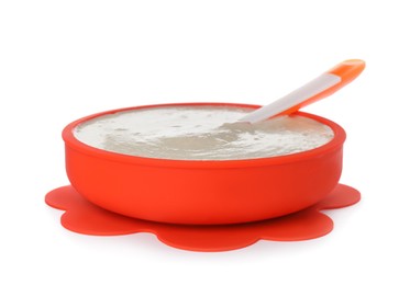 Photo of Healthy baby food in bowl on white background