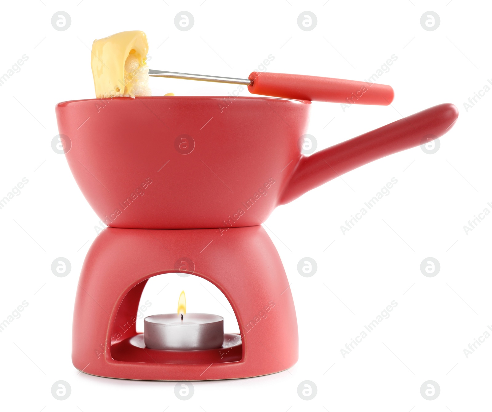 Photo of Pot of tasty cheese fondue and fork with bread isolated on white