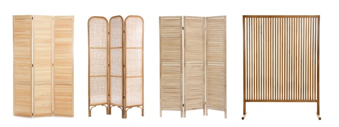 Set with different wooden folding screens on white background