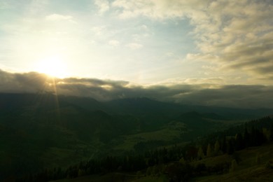 Image of Aerial view of beautiful mountain landscape at sunrise