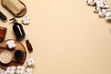 Bath accessories. Flat lay composition with personal care products on beige background, space for text