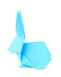Photo of Light blue paper bunny isolated on white. Origami art