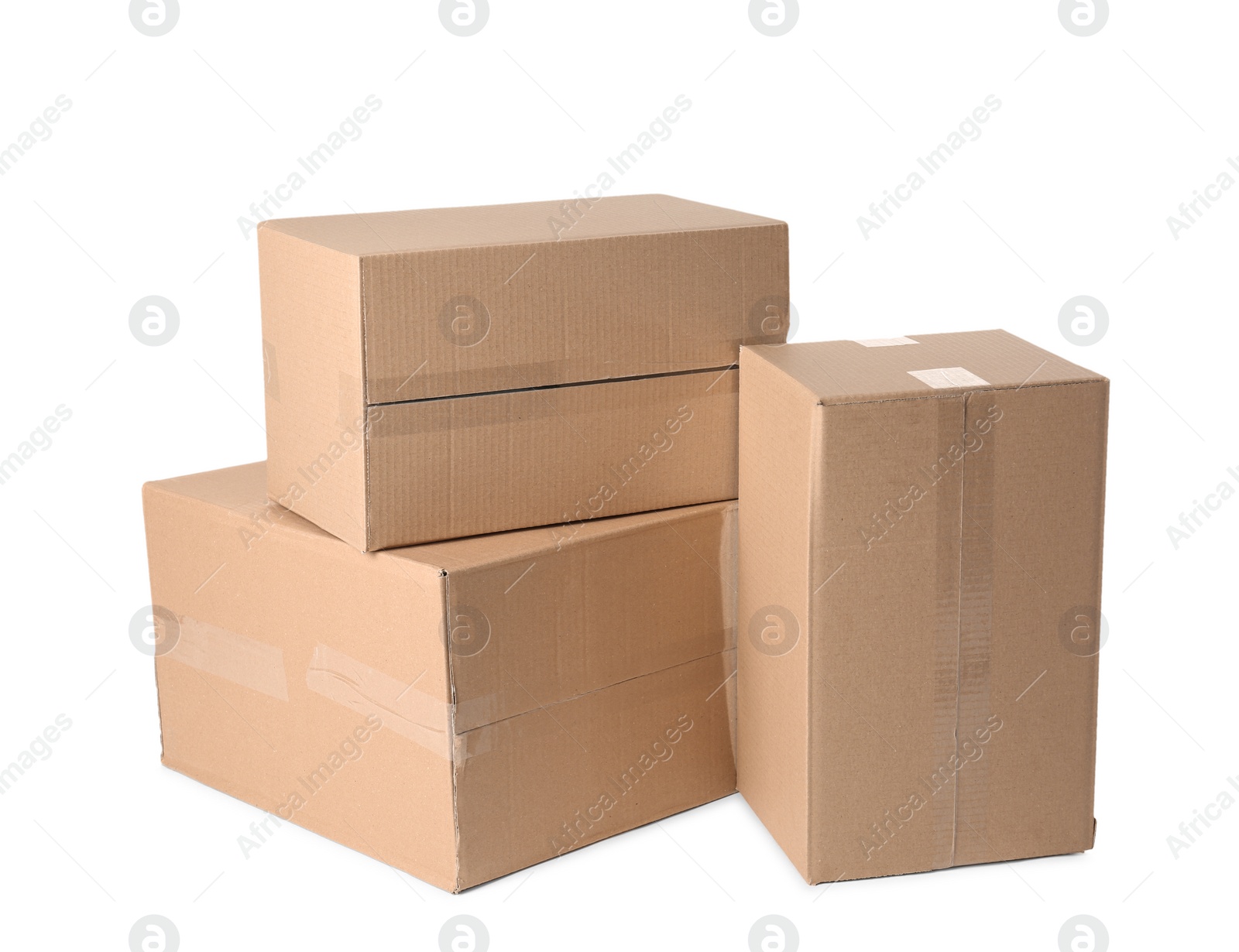 Photo of Cardboard boxes on white background. Mockup for design