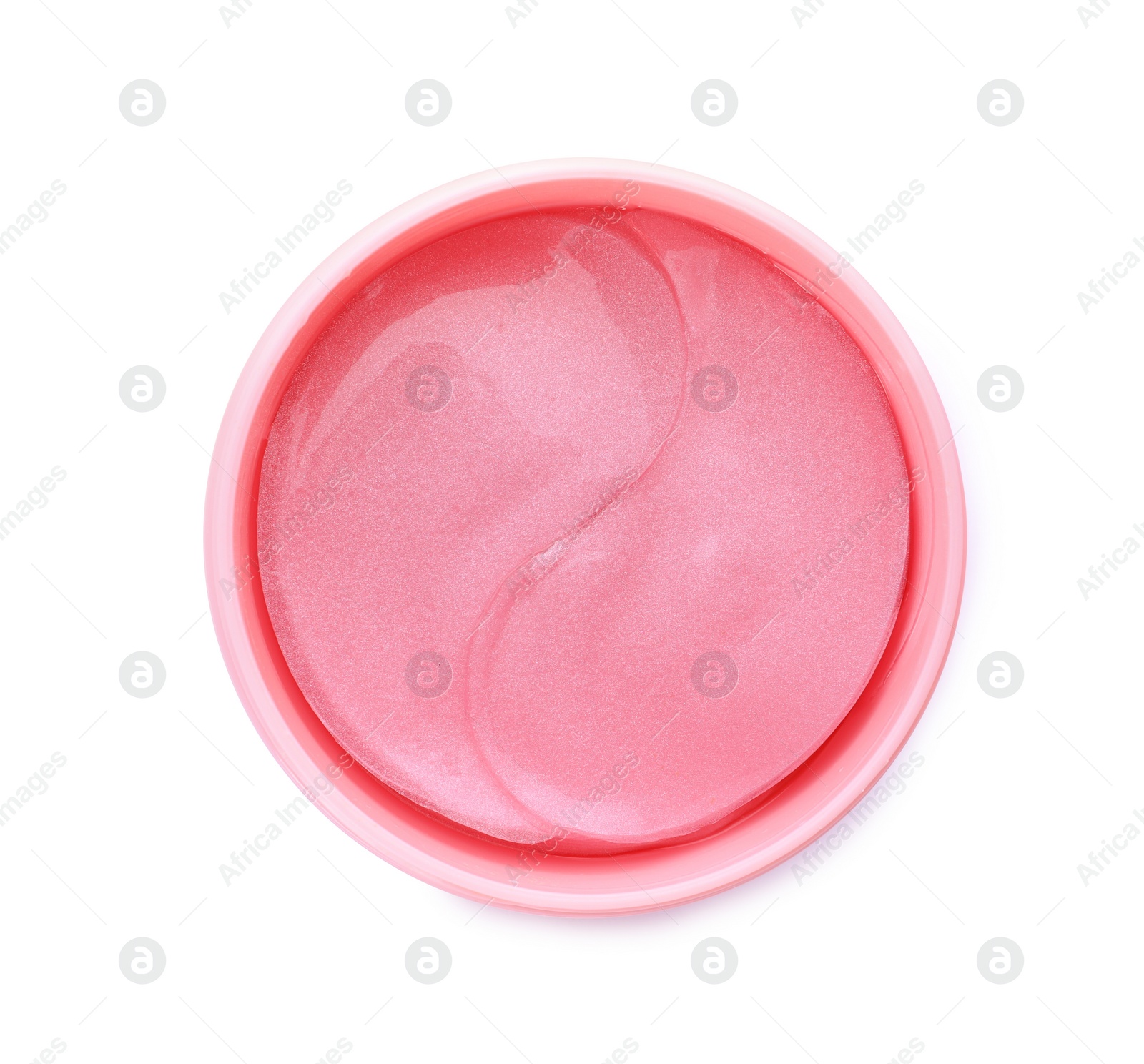 Photo of Under eye patches in jar isolated on white, top view. Cosmetic product