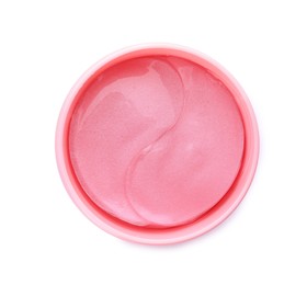 Under eye patches in jar isolated on white, top view. Cosmetic product