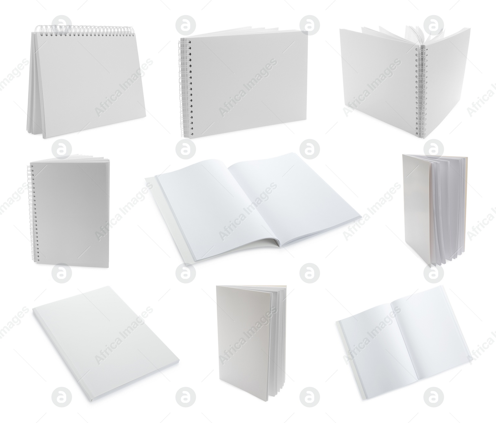 Image of Set with blank paper brochures on white background. Mockup for design