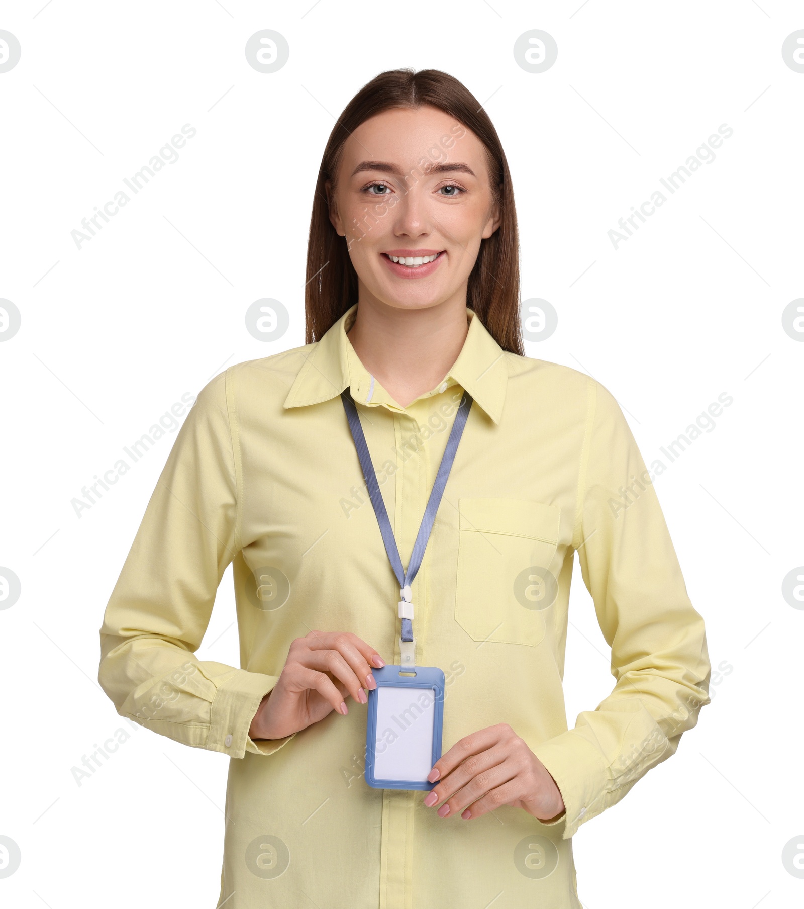 Photo of Woman with blank badge on white background