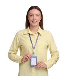 Woman with blank badge on white background