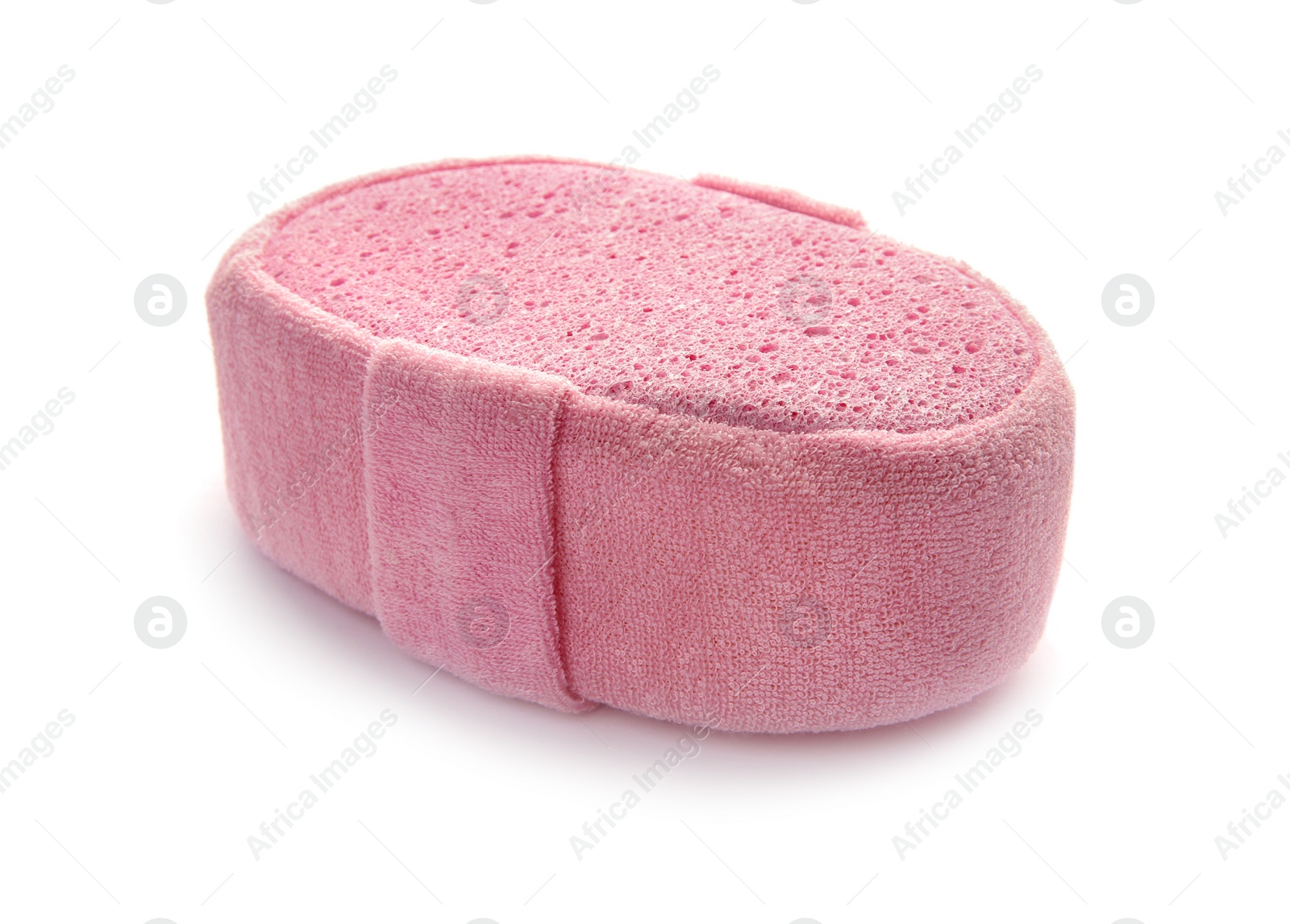 Photo of New pink bath sponge on white background