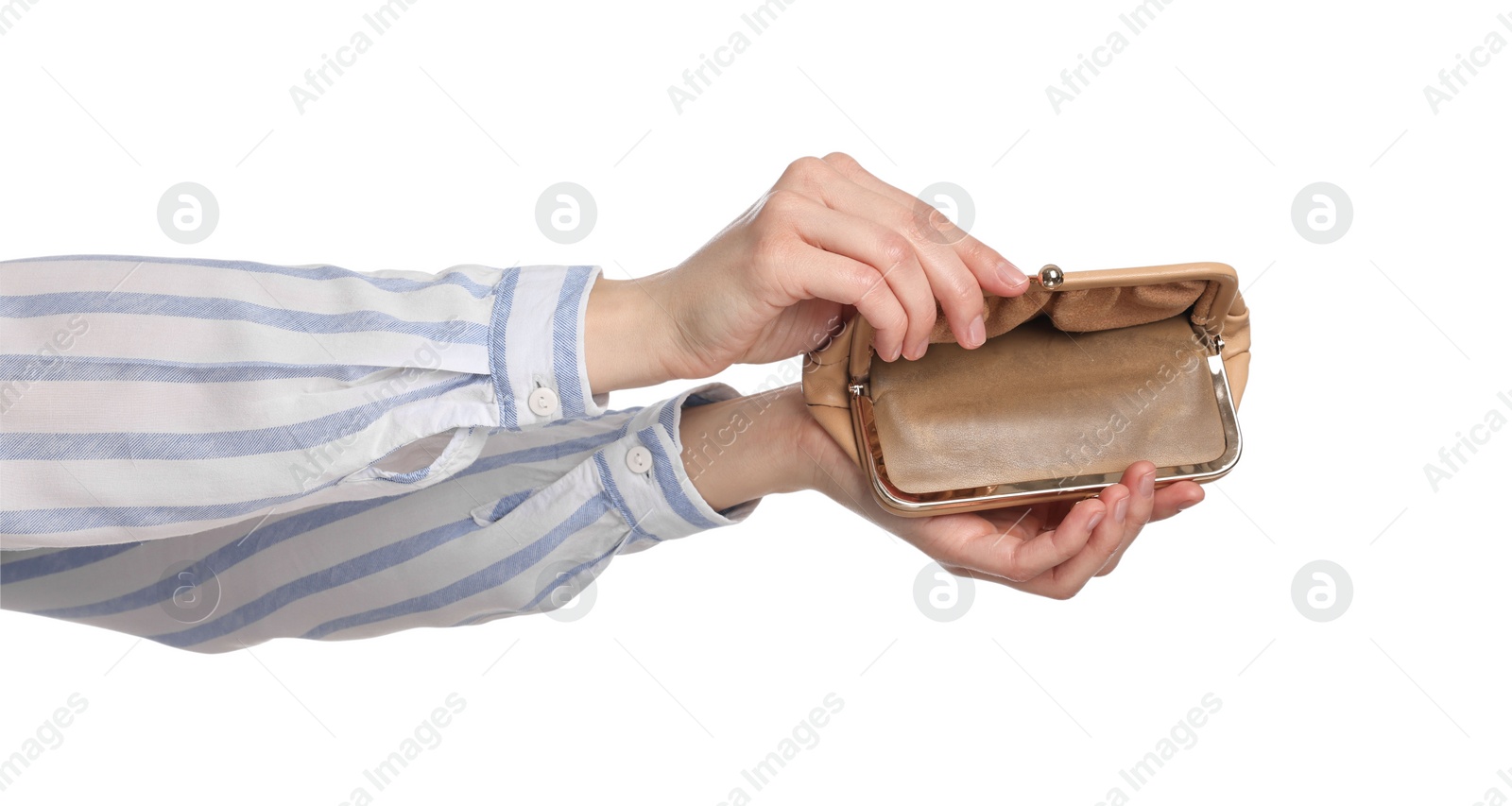 Photo of Woman with empty wallet on white background, closeup